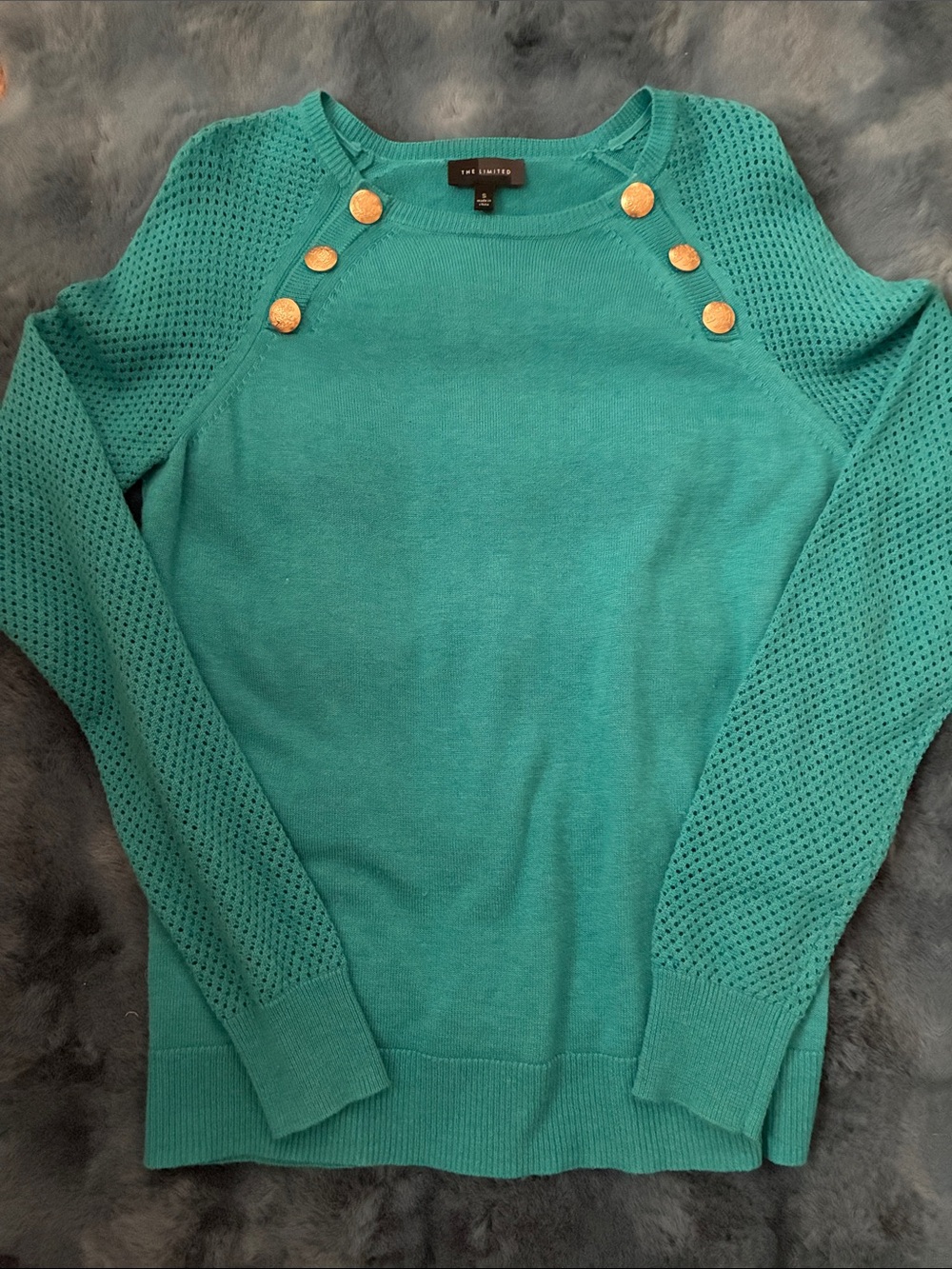The Limited Teal Crewneck Sweater with Gold Buttons